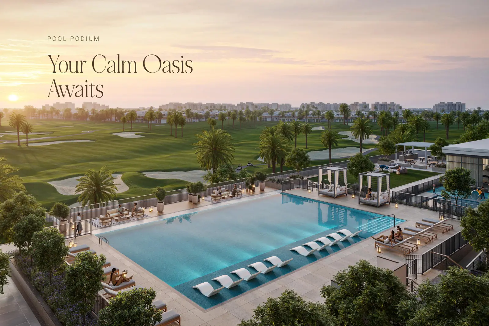 Pool podium with cabanas facing the golf course