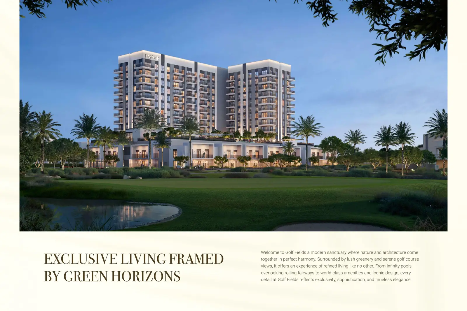 Two residential towers at dusk beside golf course