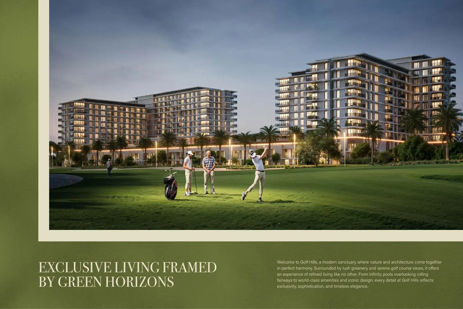 Apartment buildings above the golf course at night