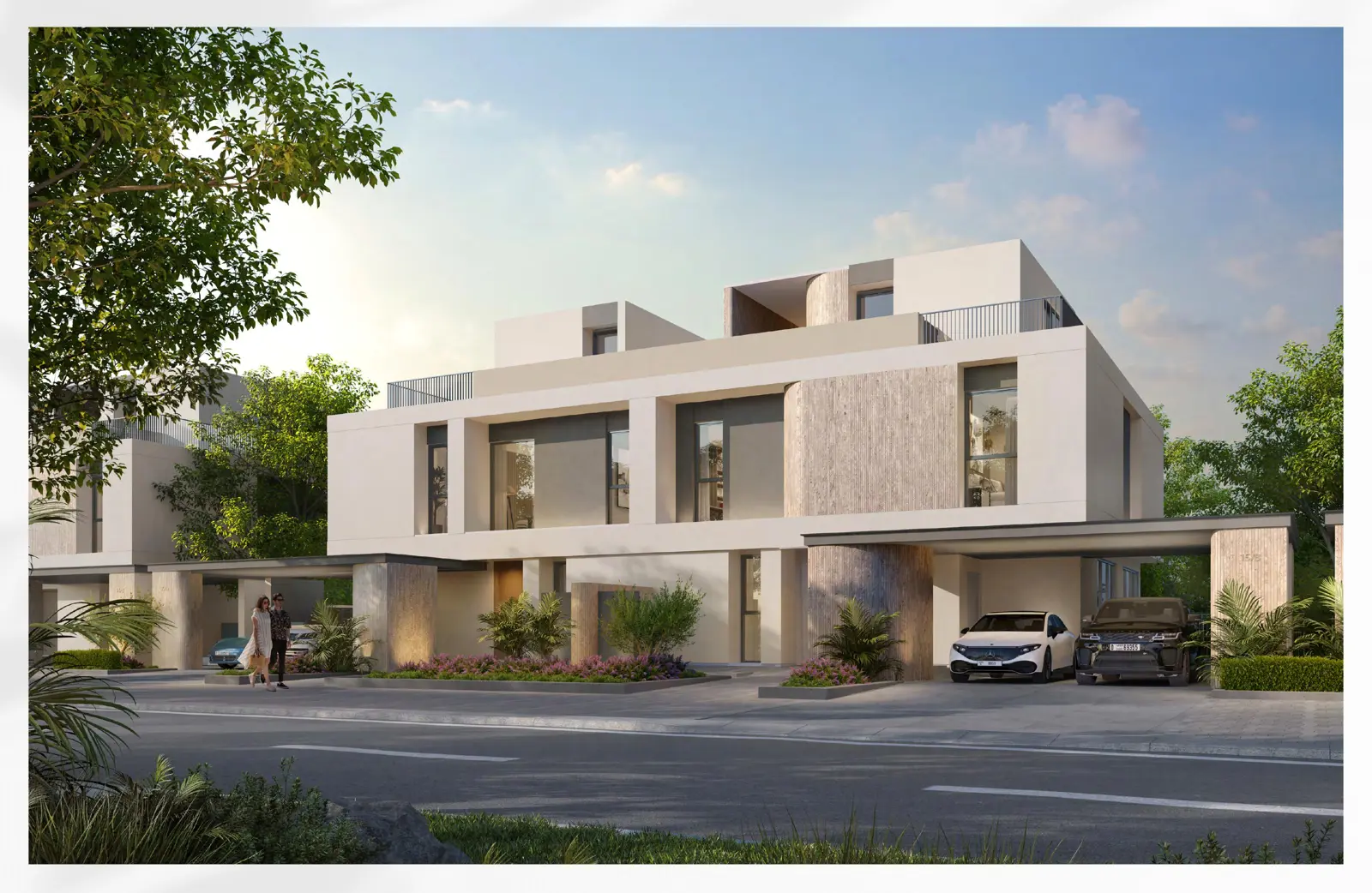 Semi-detached villas with carports and rooftop terraces