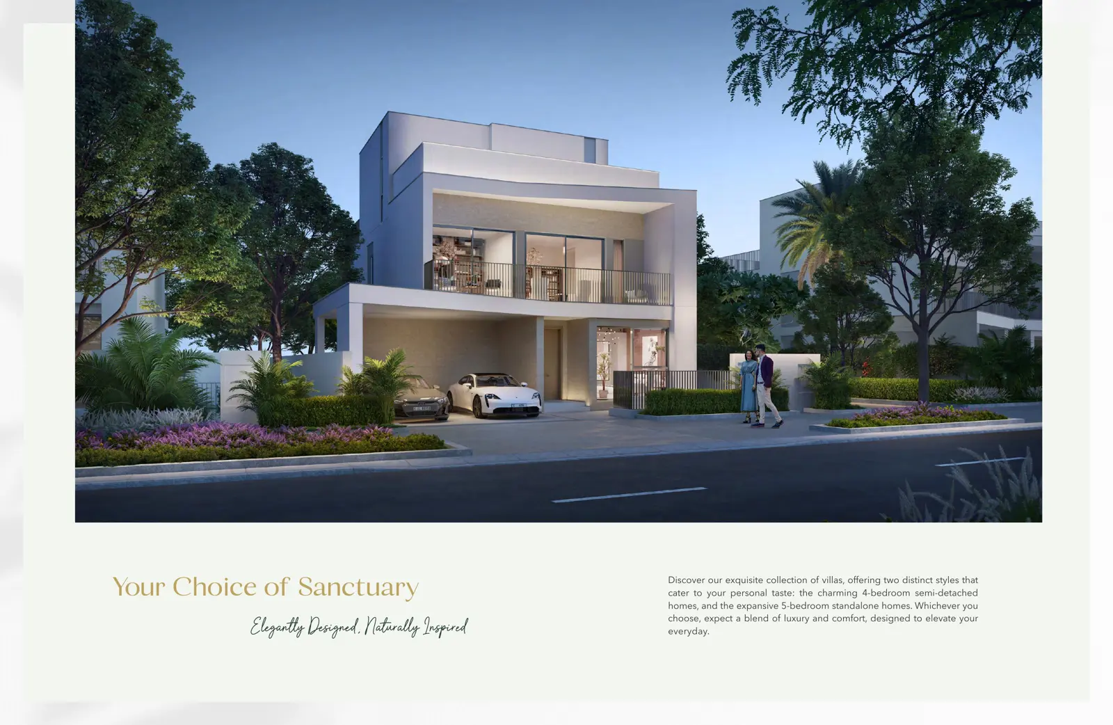 Standalone villa front facade at dusk