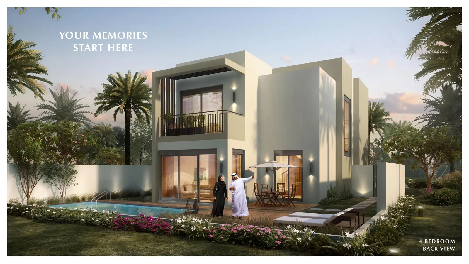 Back view of a 4-bedroom villa with pool