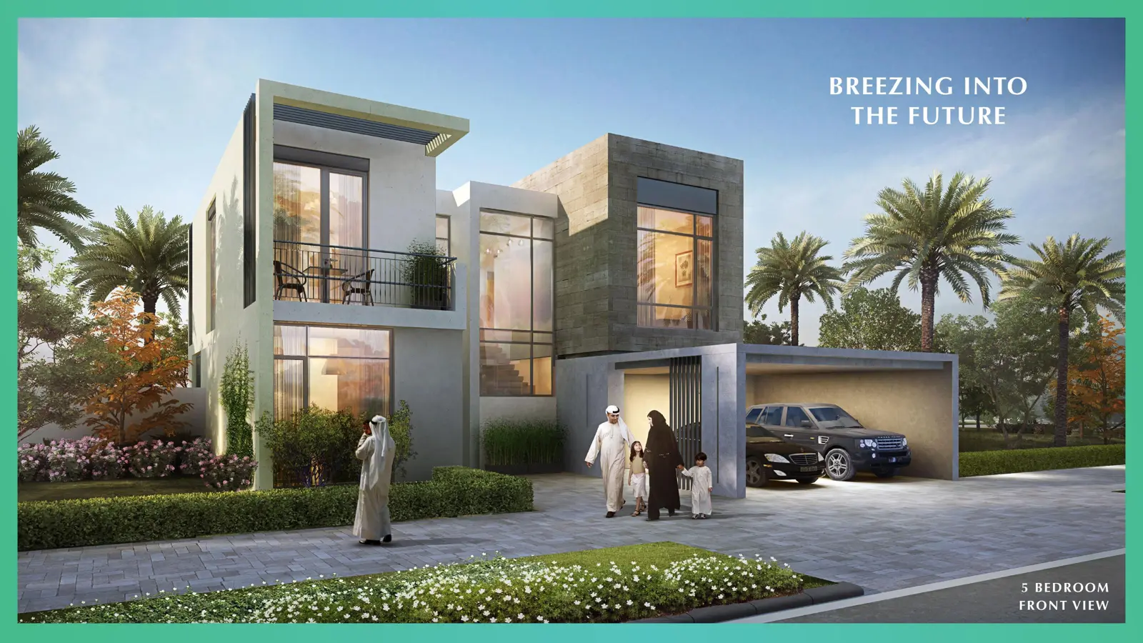 Front view of a 5-bedroom villa with carport