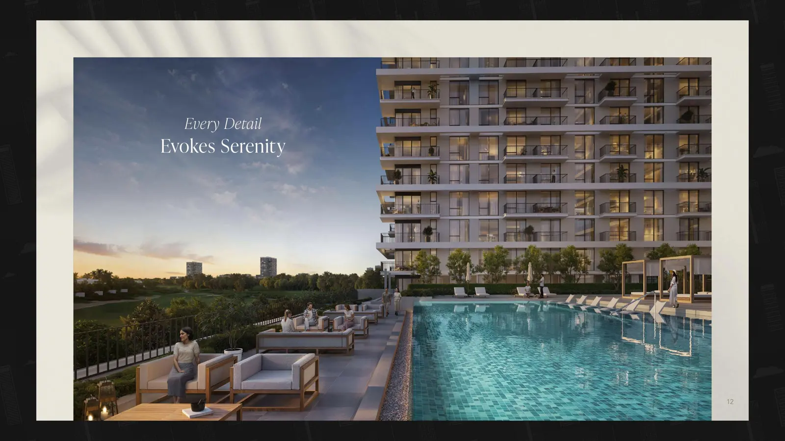 Tower facade and pool deck at dusk