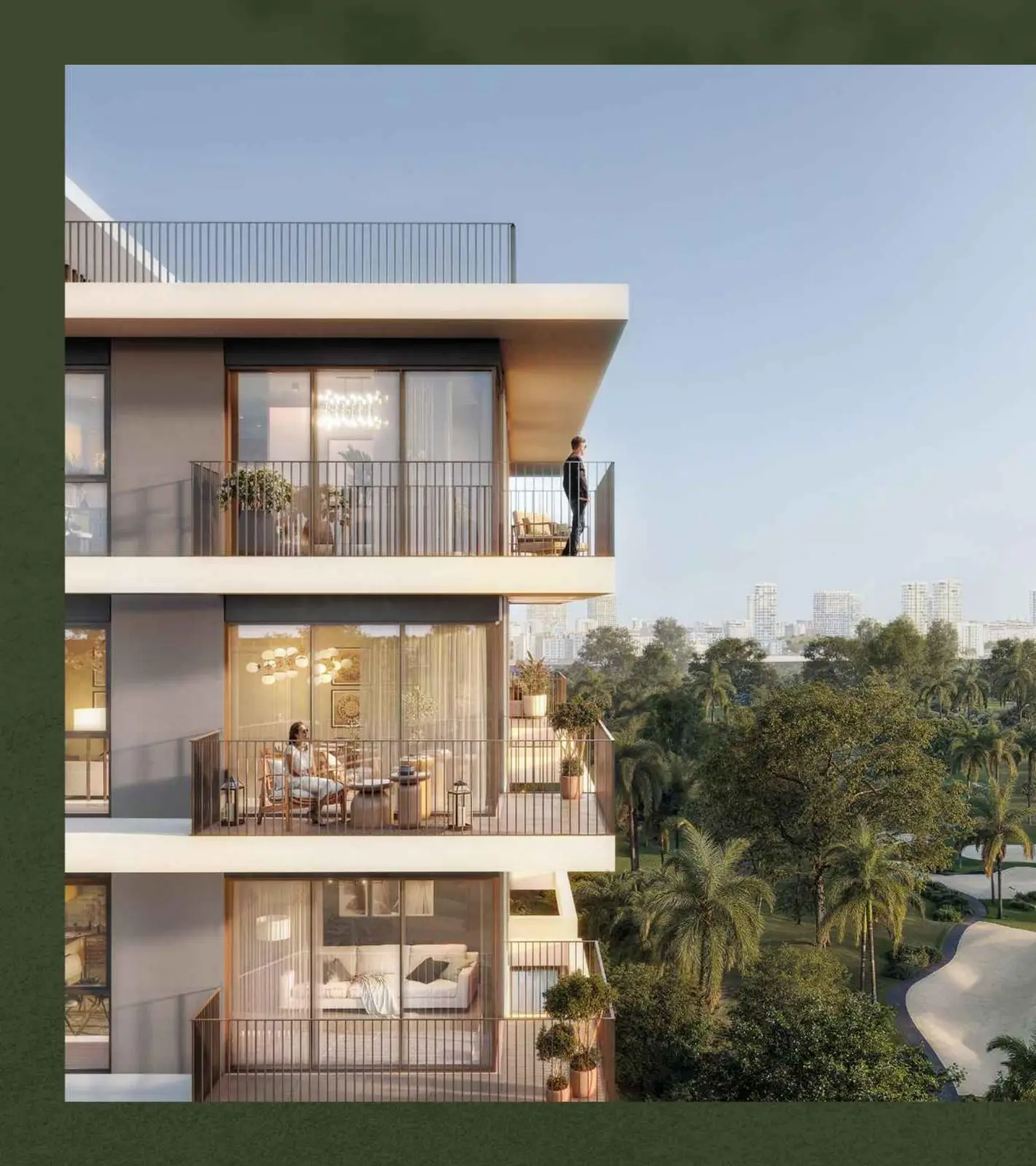 Contemporary building facade with balconies and trees