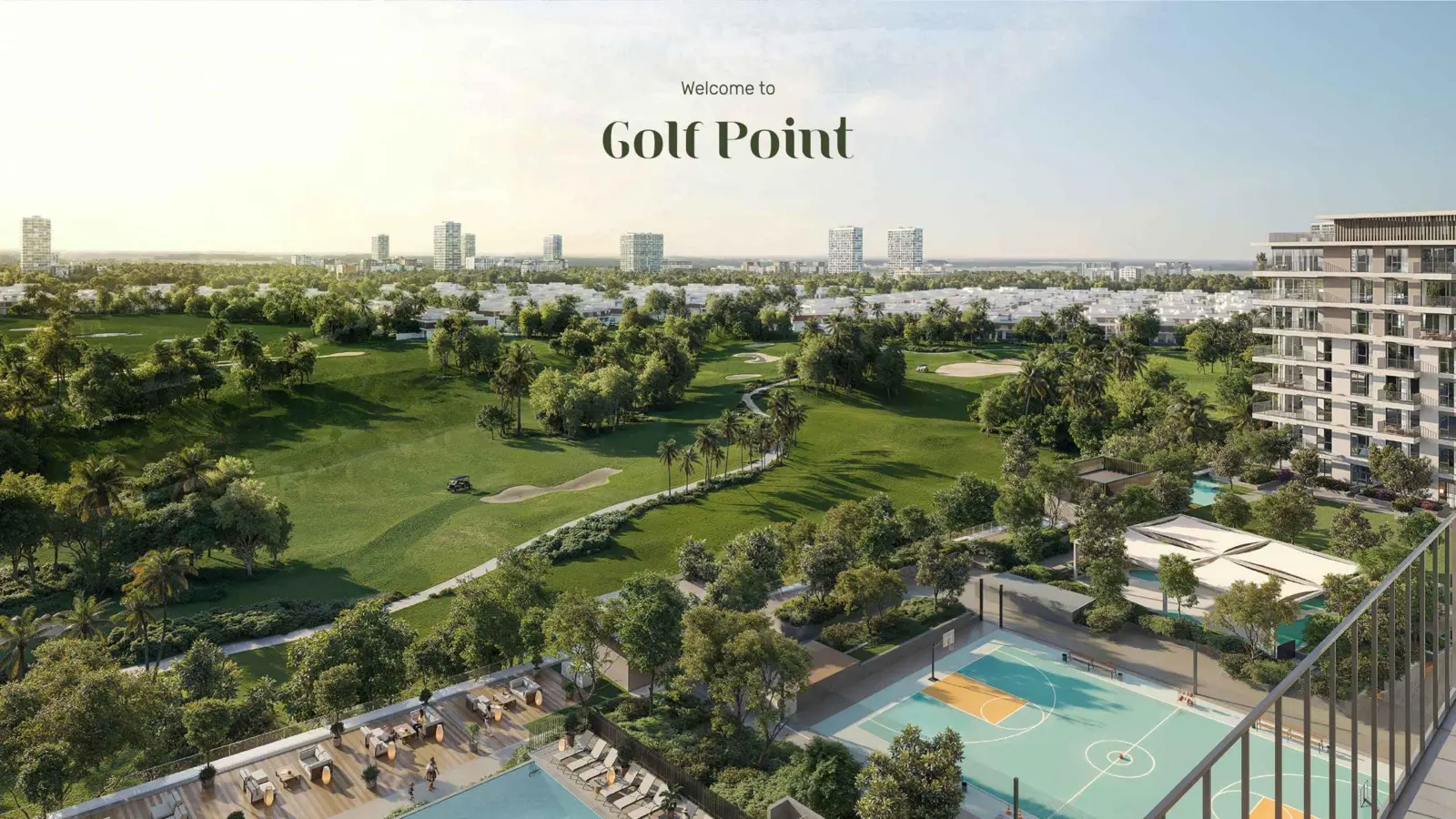 Aerial view of the building, podium pool and golf course