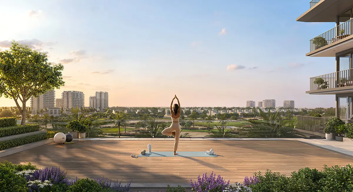 Rooftop yoga deck overlooking the golf course