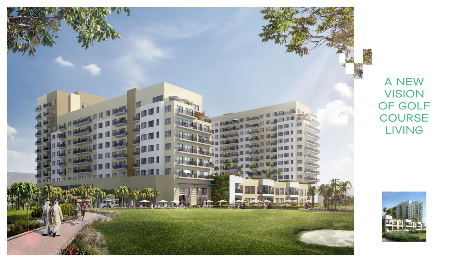 Apartment blocks seen across the golf course lawn