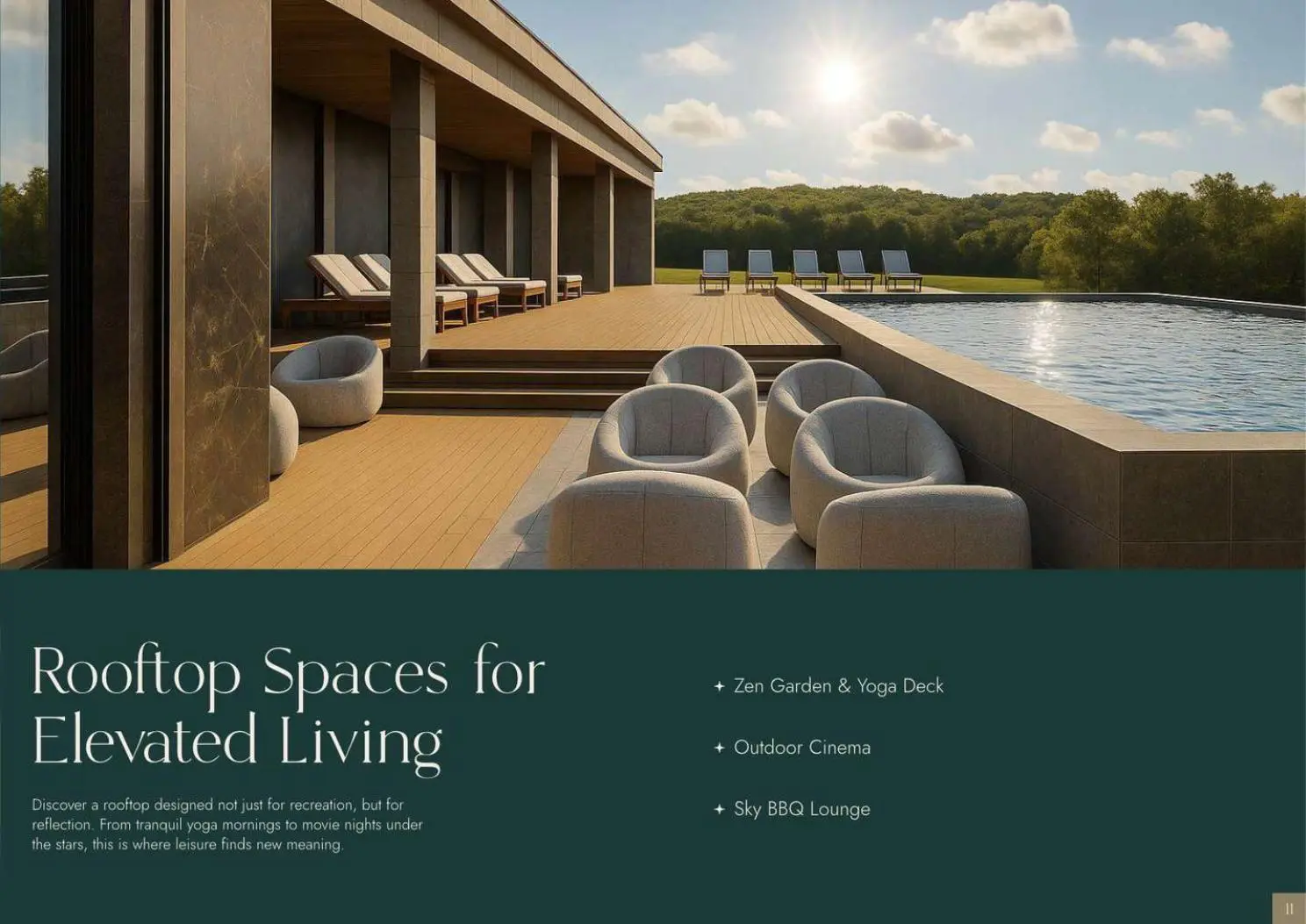 Rooftop pool deck with loungers and seating