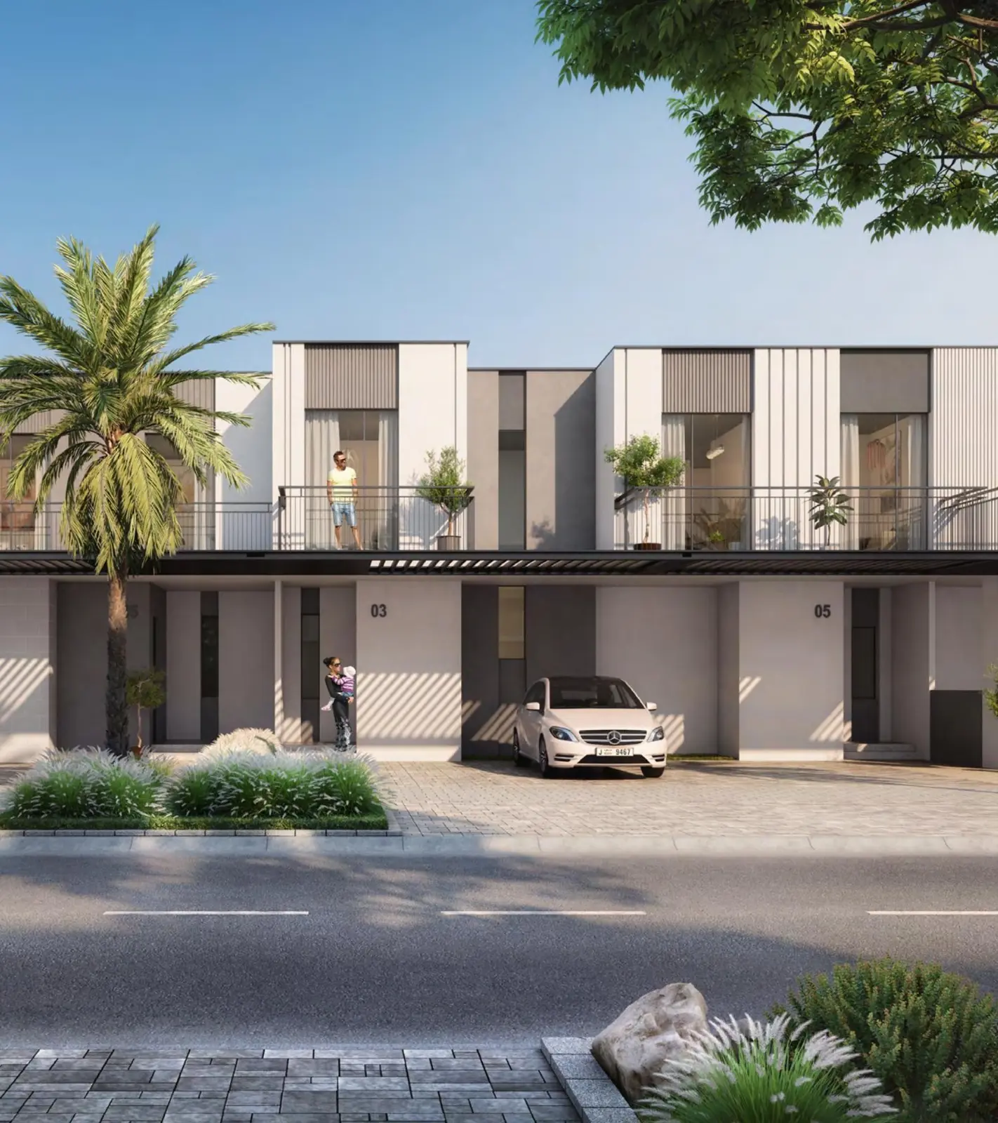 Villa row with balconies and parked car