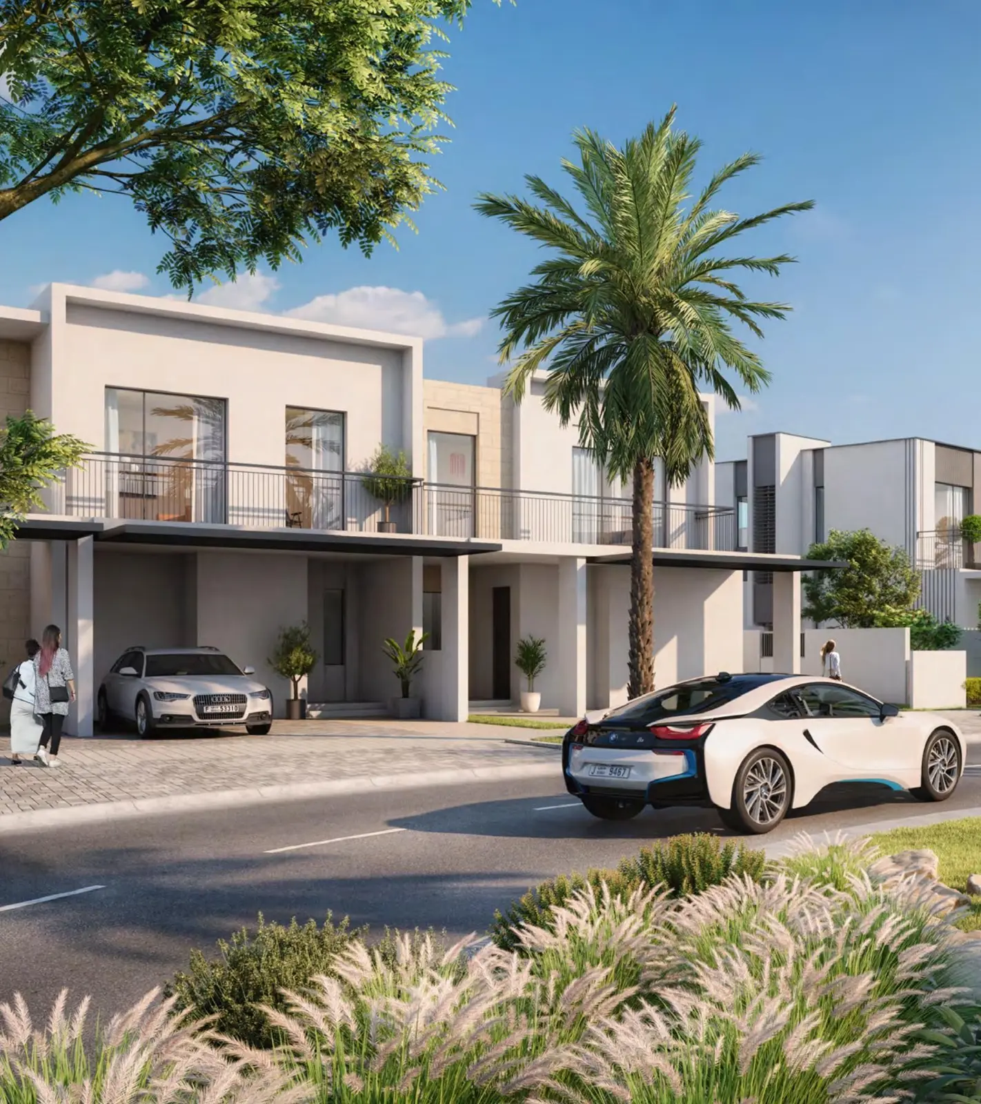 Villas on a street with palm tree and cars