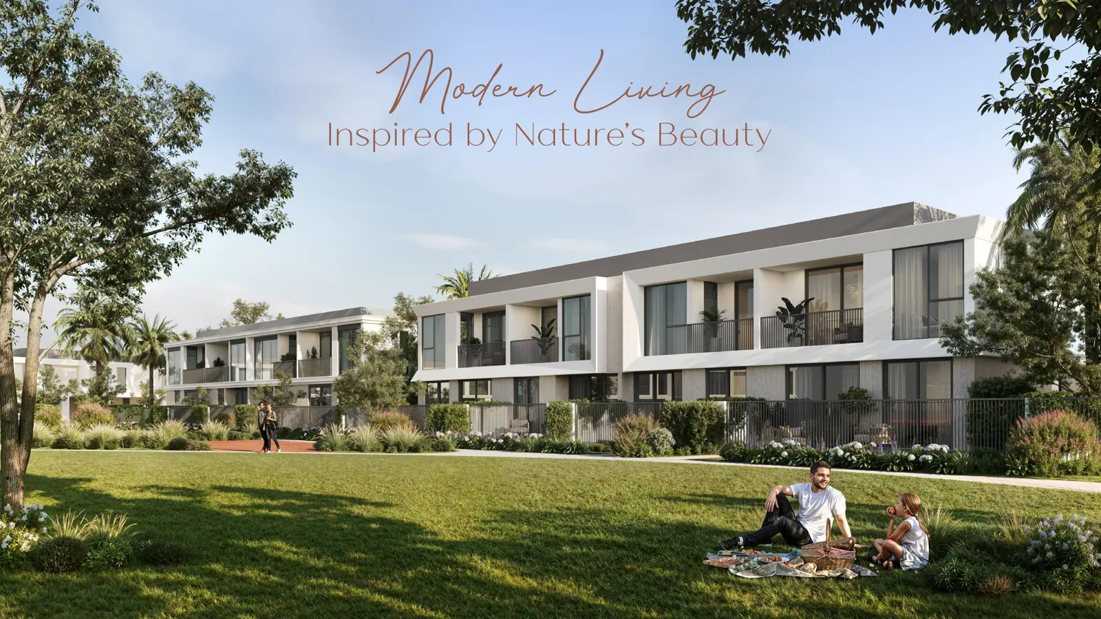 Townhouse terrace with balconies facing a green lawn