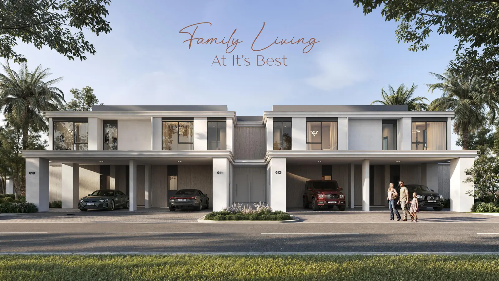 Two-storey townhouse block with family at the entrance