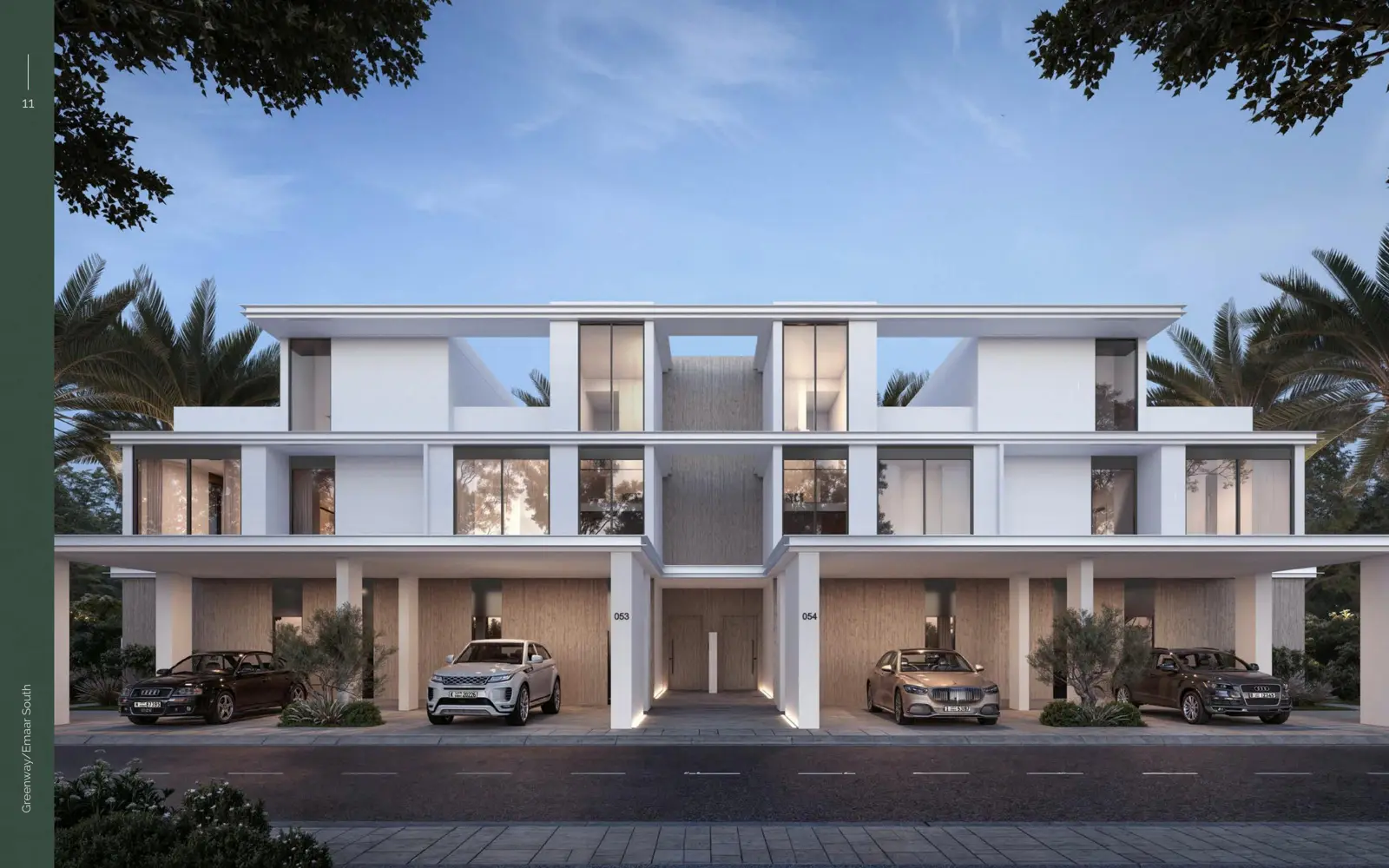 Front of a townhouse block with covered parking