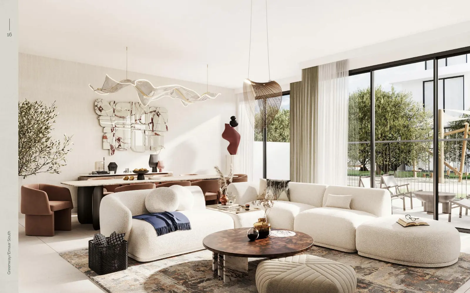 Living and dining room with floor-to-ceiling windows