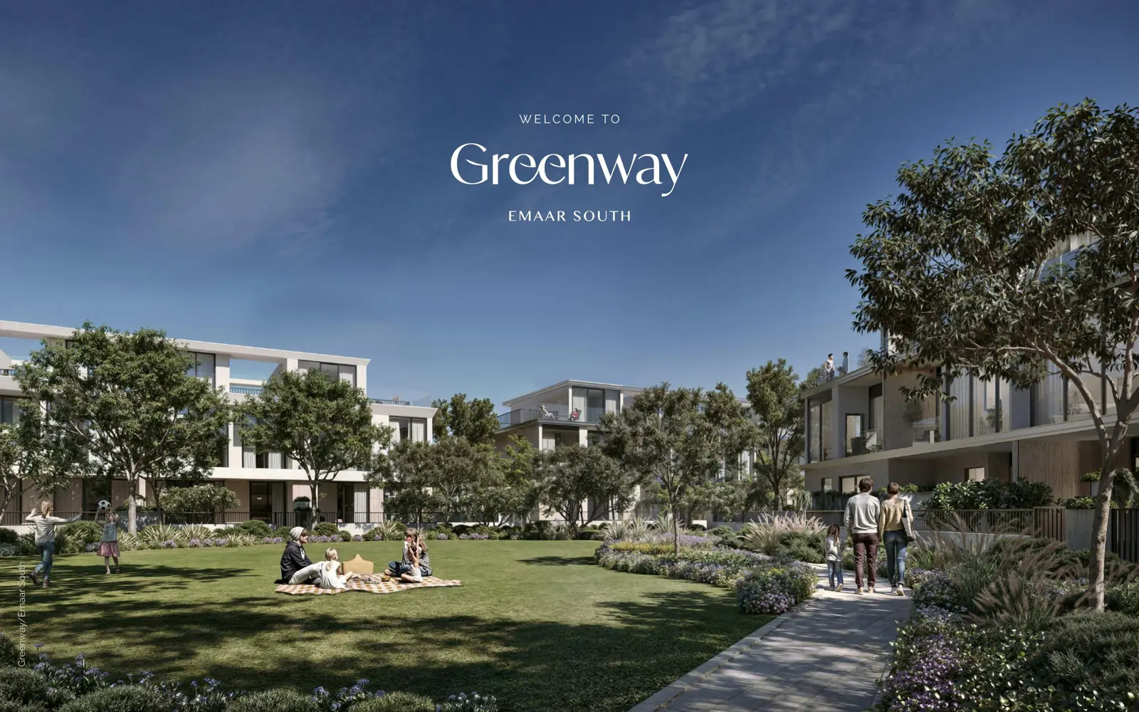 Townhouses around a lawn with families