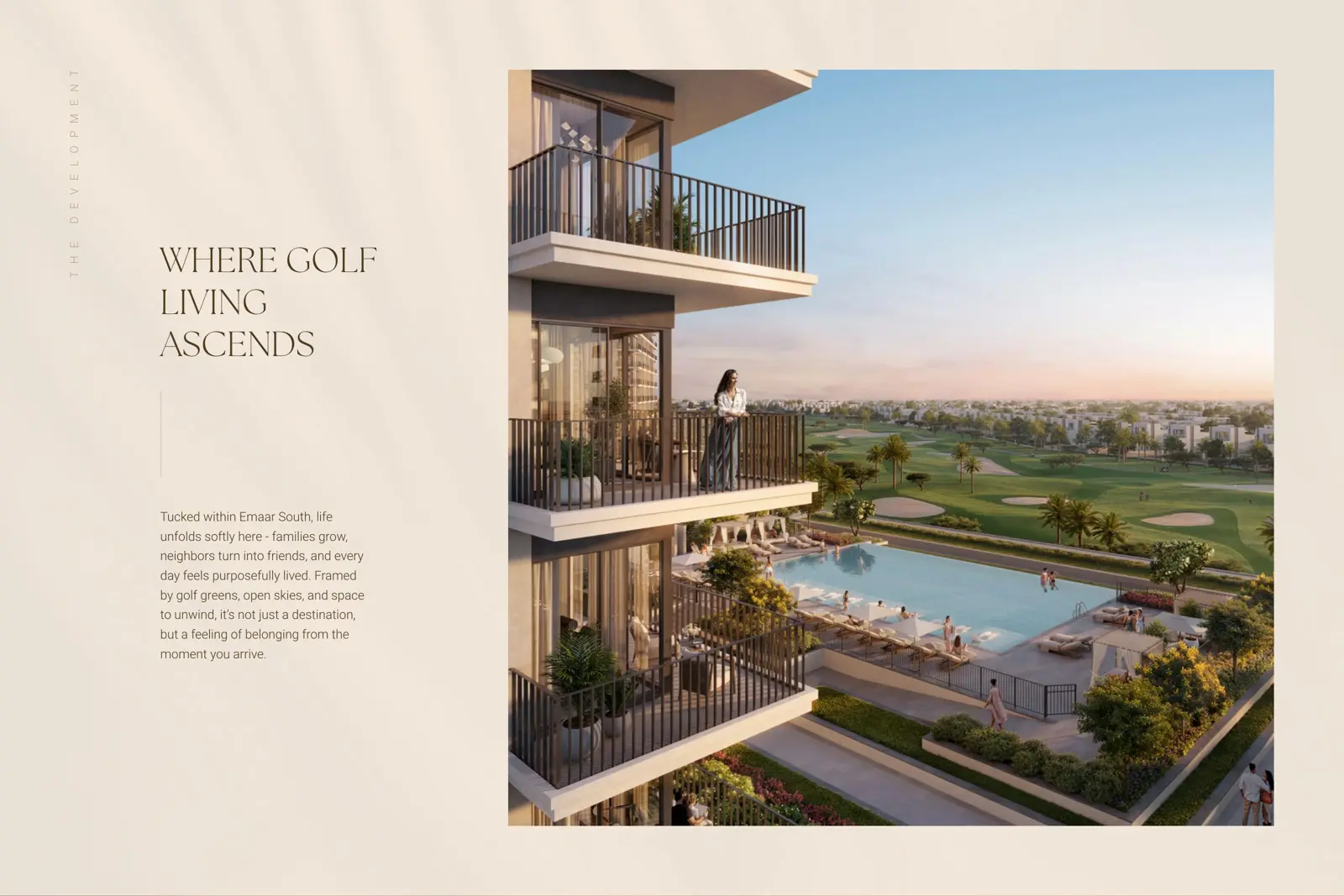 Balconies above the pool deck, golf course beyond
