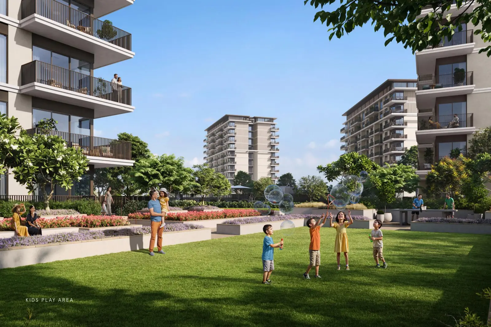 Kids play lawn between residential buildings