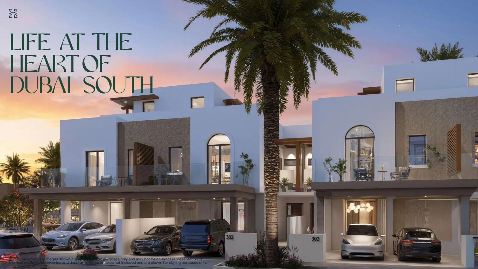 Townhouse facades at sunset with palm tree