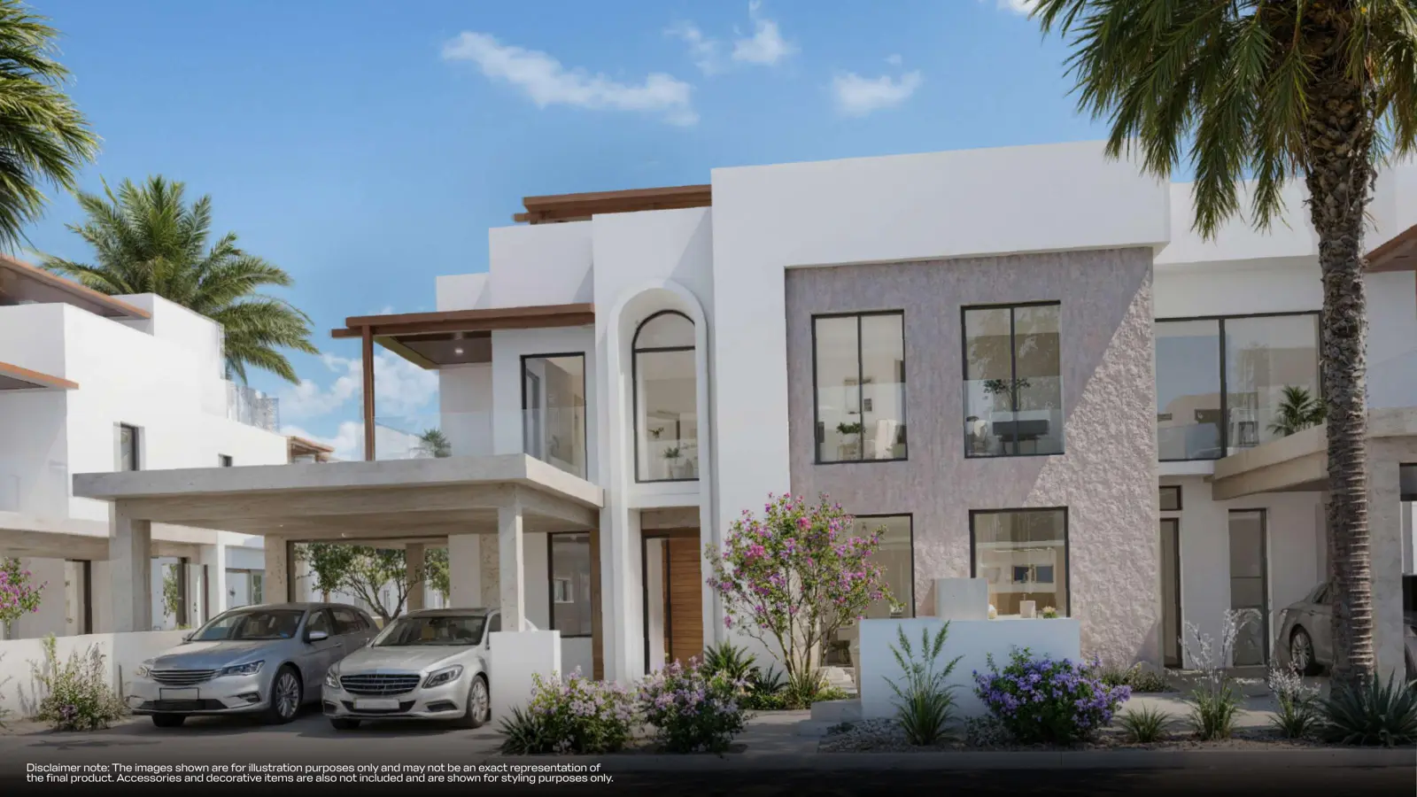 Townhouse front with stone-textured wall and carport