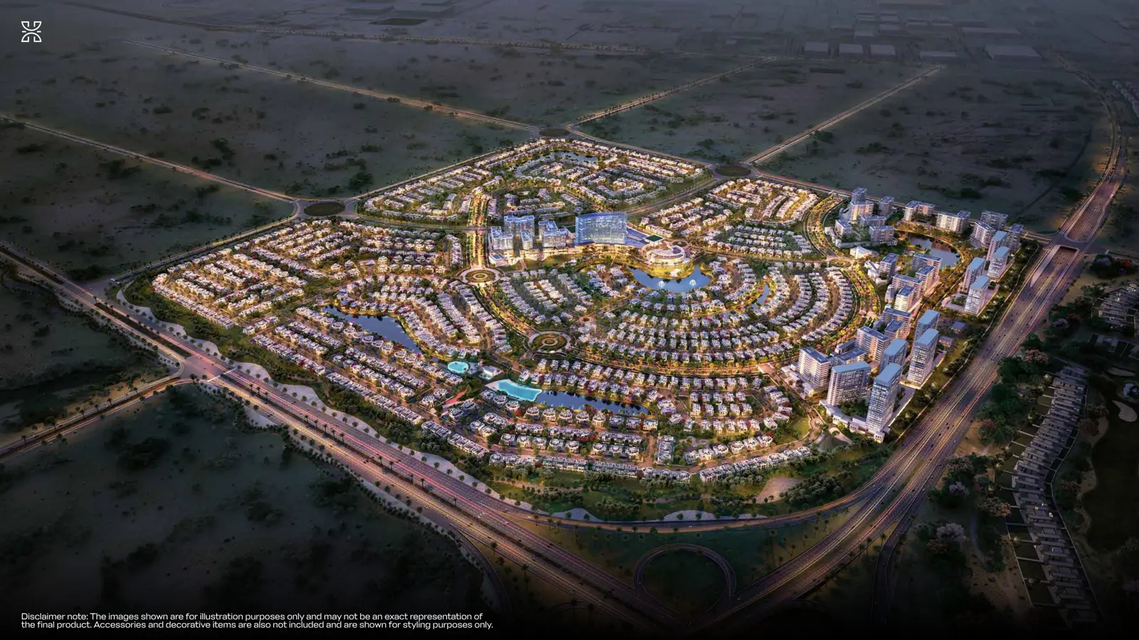 Night aerial of the whole community and roads