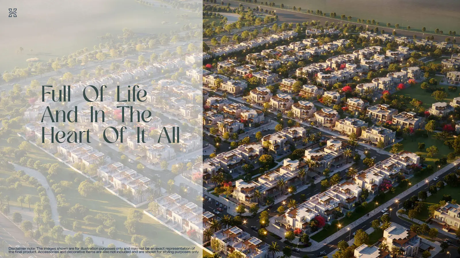 Aerial view of townhouse streets at dusk