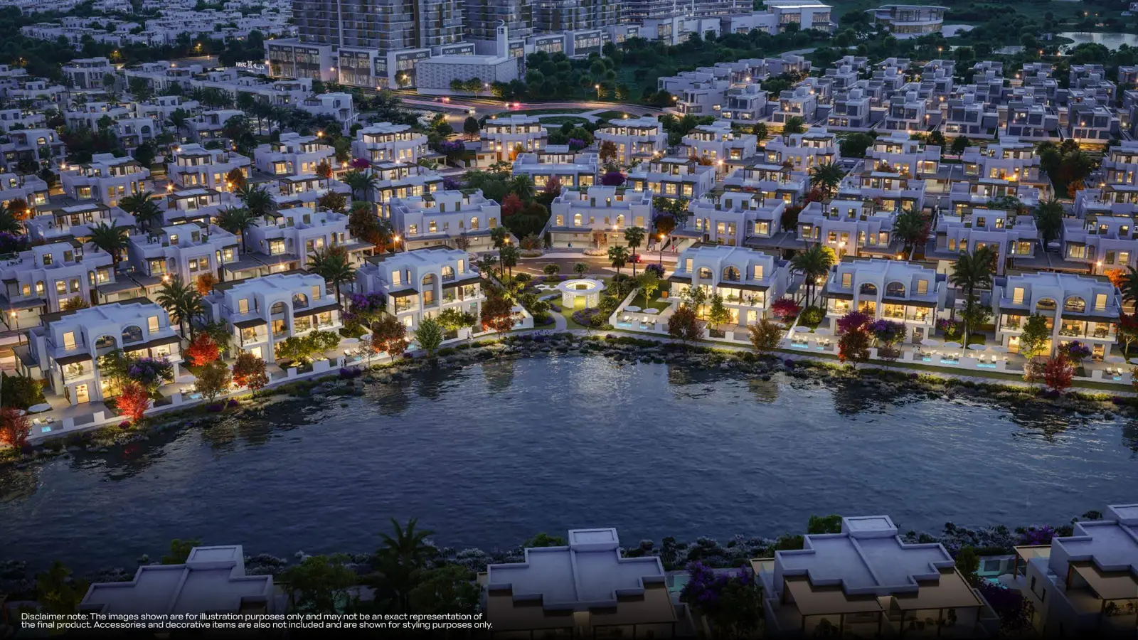Lakeside townhouses at dusk