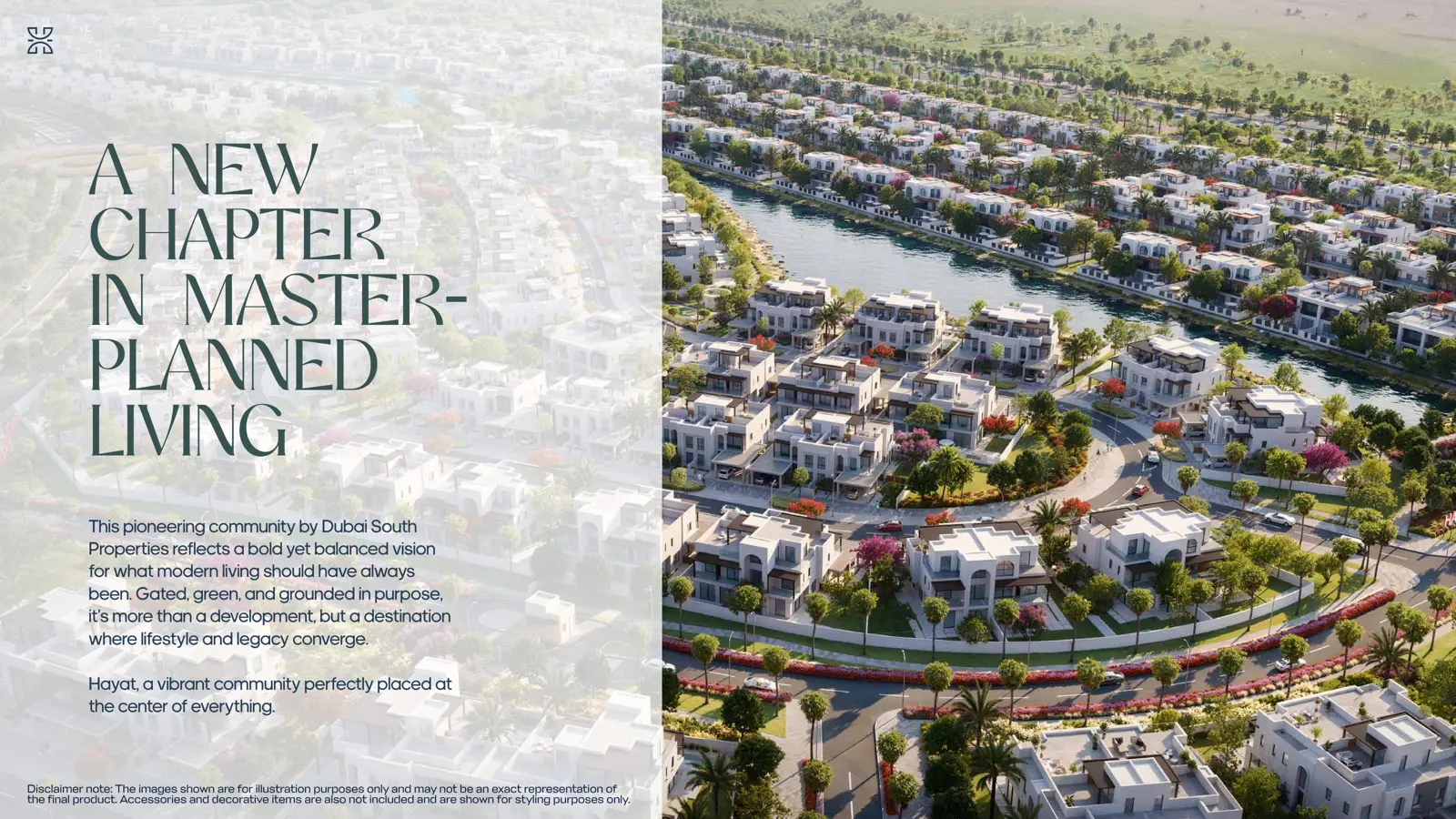 Aerial view of townhouses along a lake