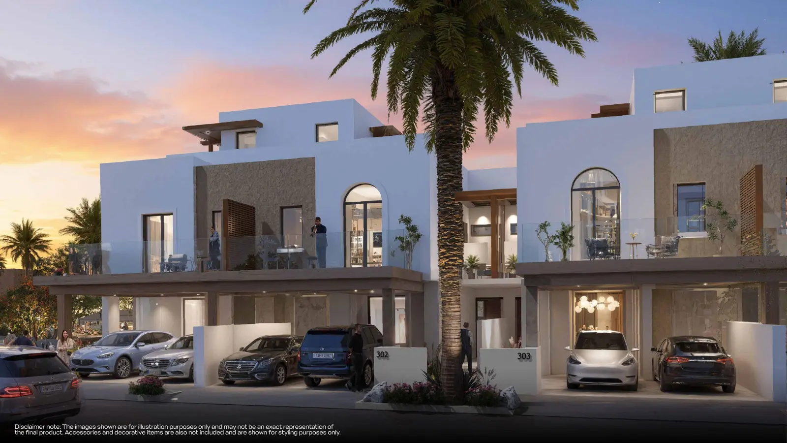 Townhouse facades with carports at sunset