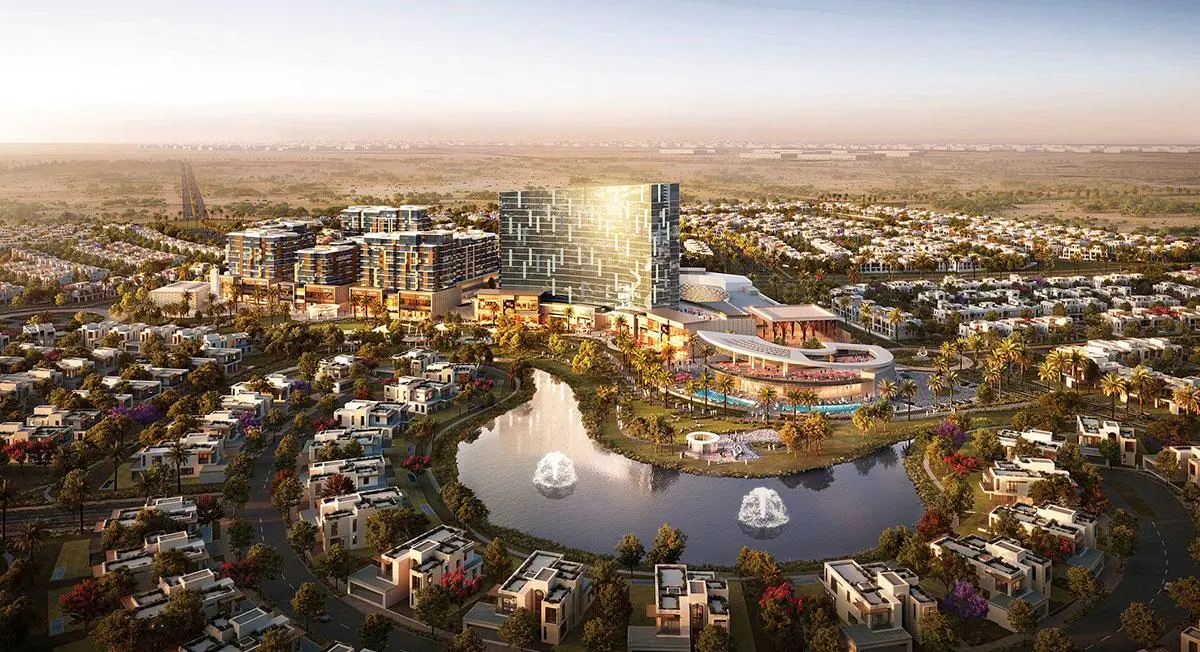 Aerial view of the community, lake and central tower