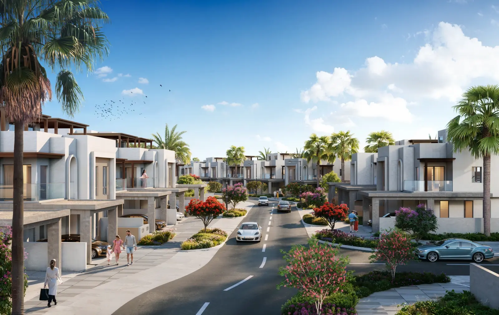 Street of white townhouses with planting