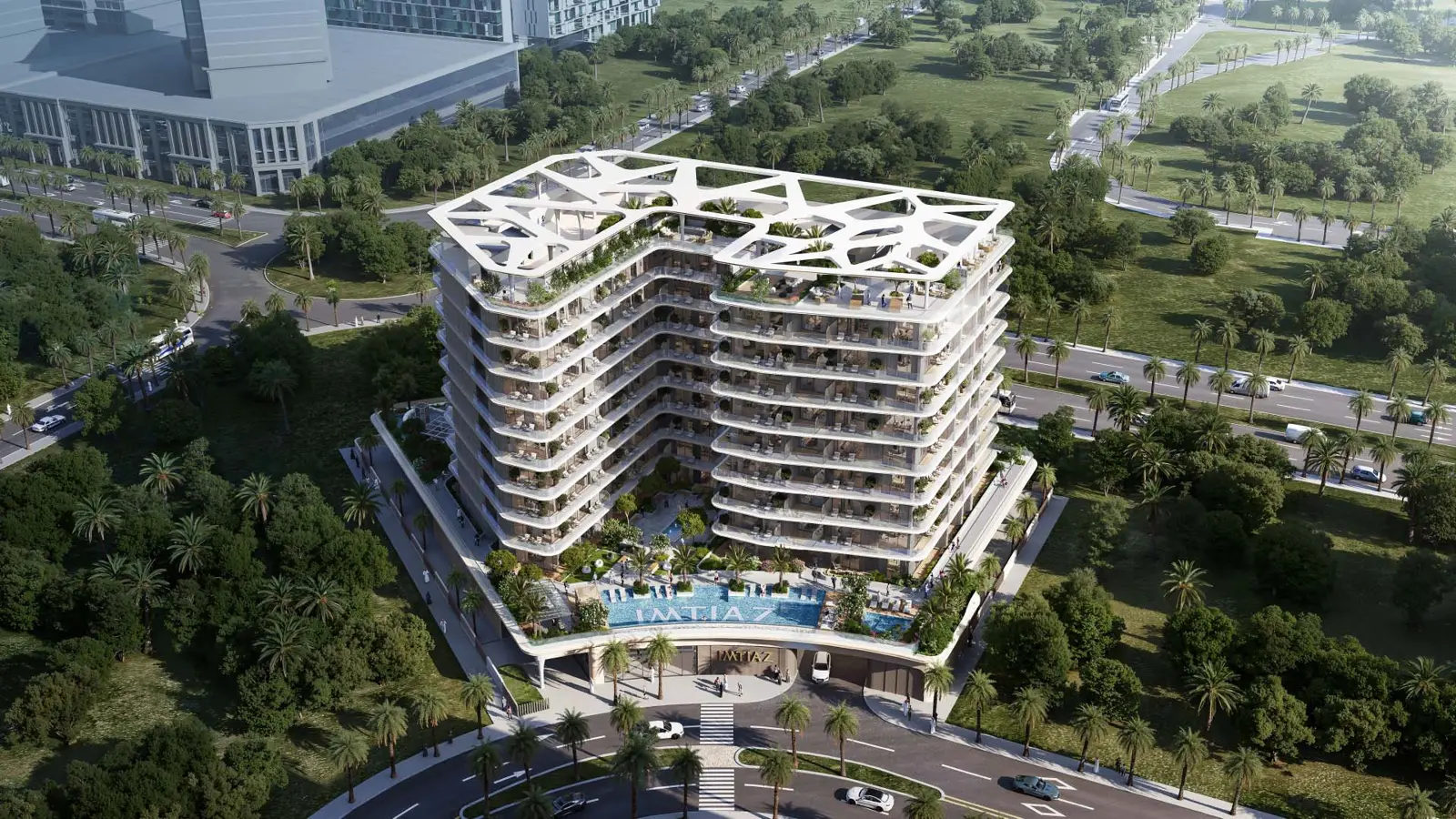 Aerial view of building with patterned white roof
