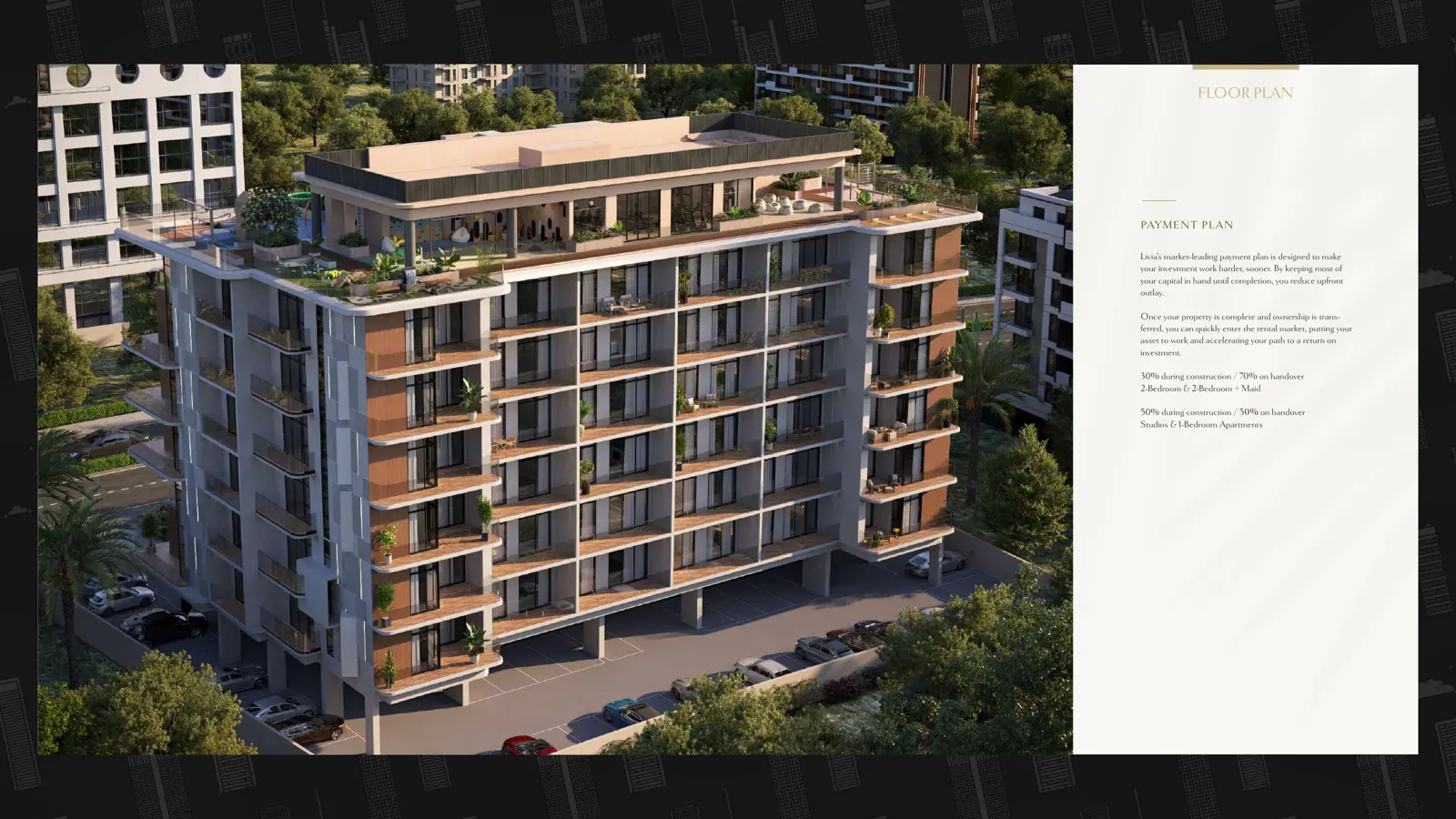 Aerial view of the building with rooftop terrace