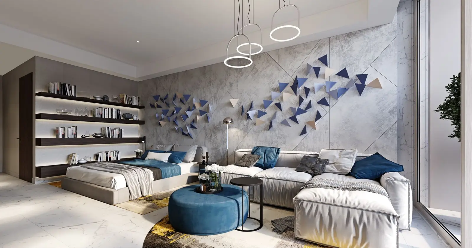 Living room with sofa, bed and triangle wall art