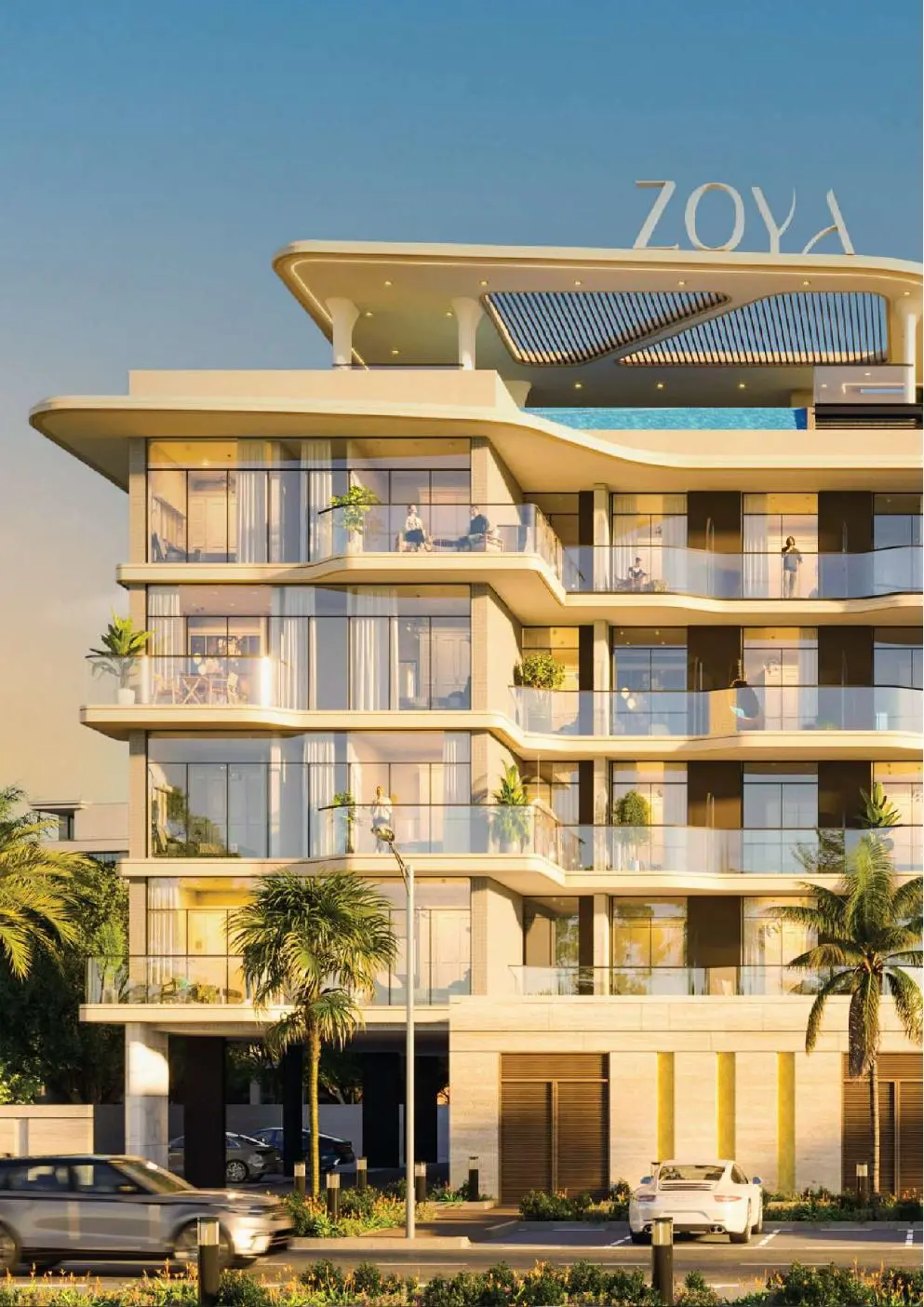 Building facade with rooftop pool from street