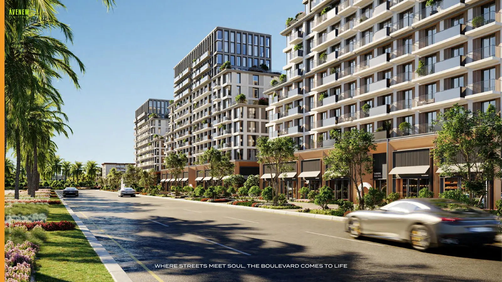 Boulevard with shops below the residential buildings