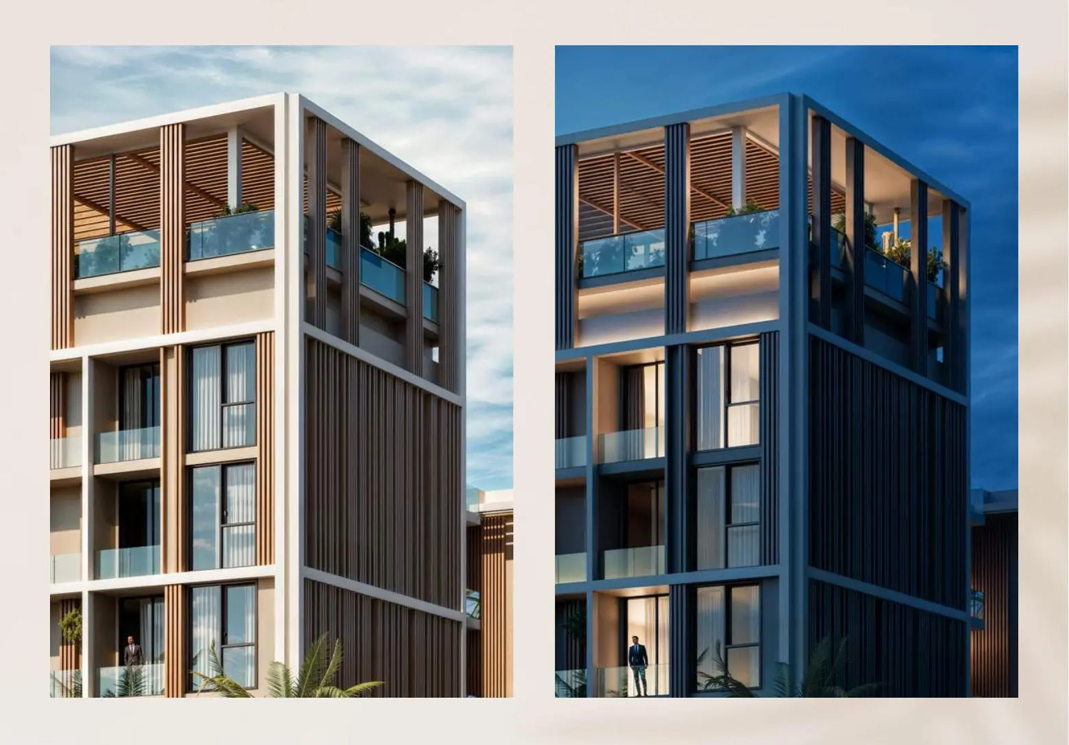 Day and night views of the building corner