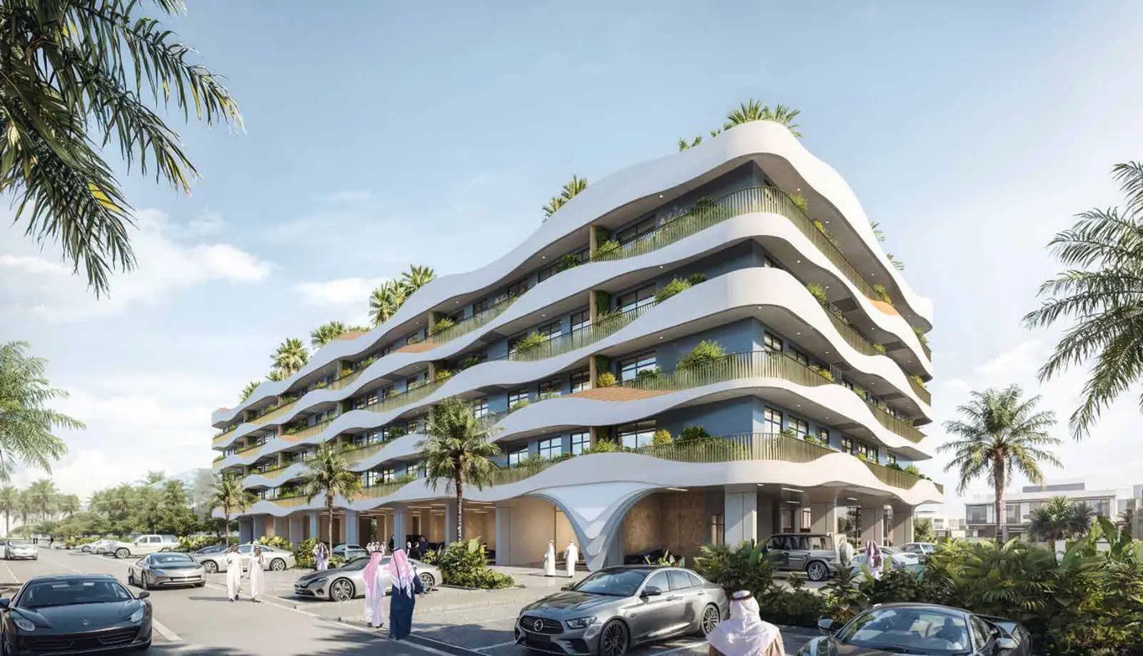 Wave-shaped residential building with green terraces, street level