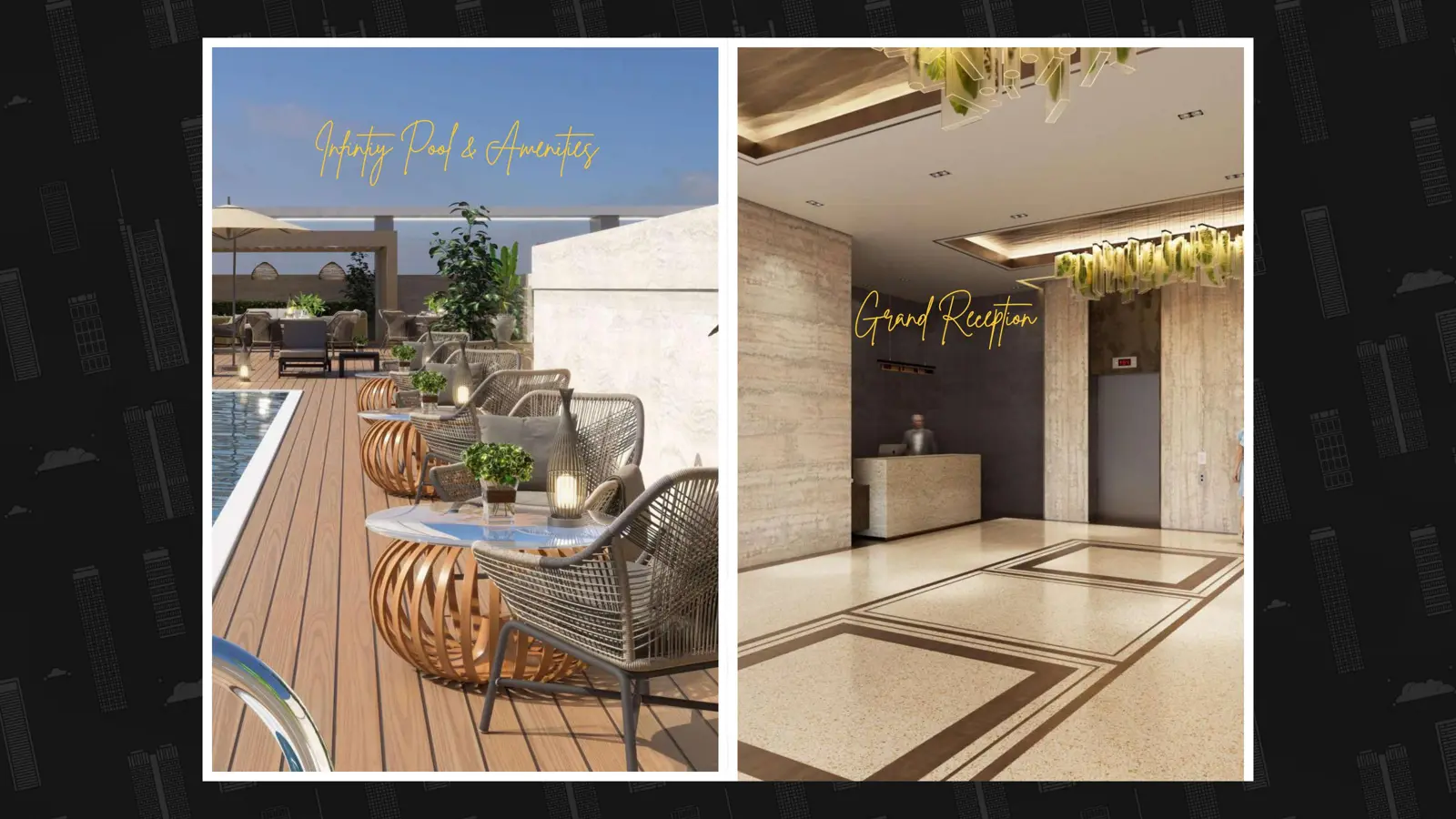 Rooftop pool deck seating and grand reception lobby