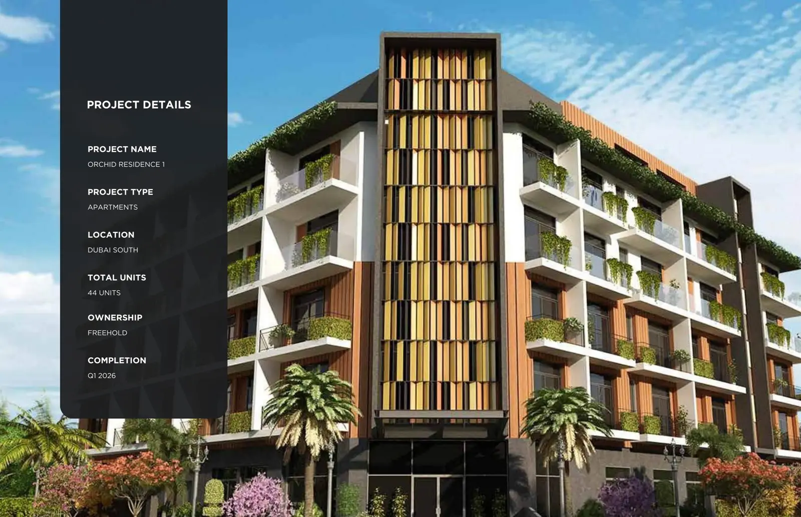 Daytime facade with project details panel