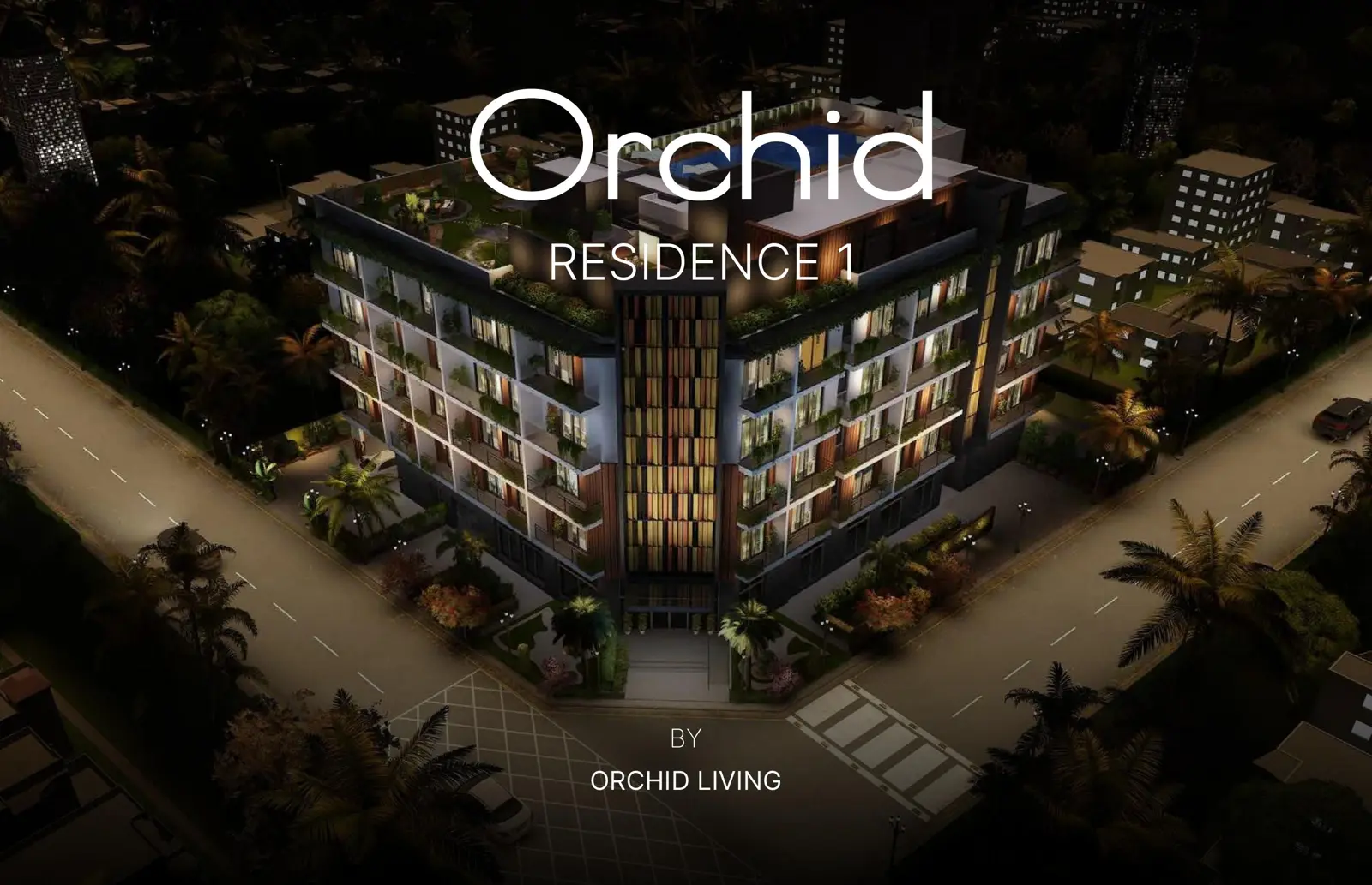 Night aerial view of the building on a corner plot