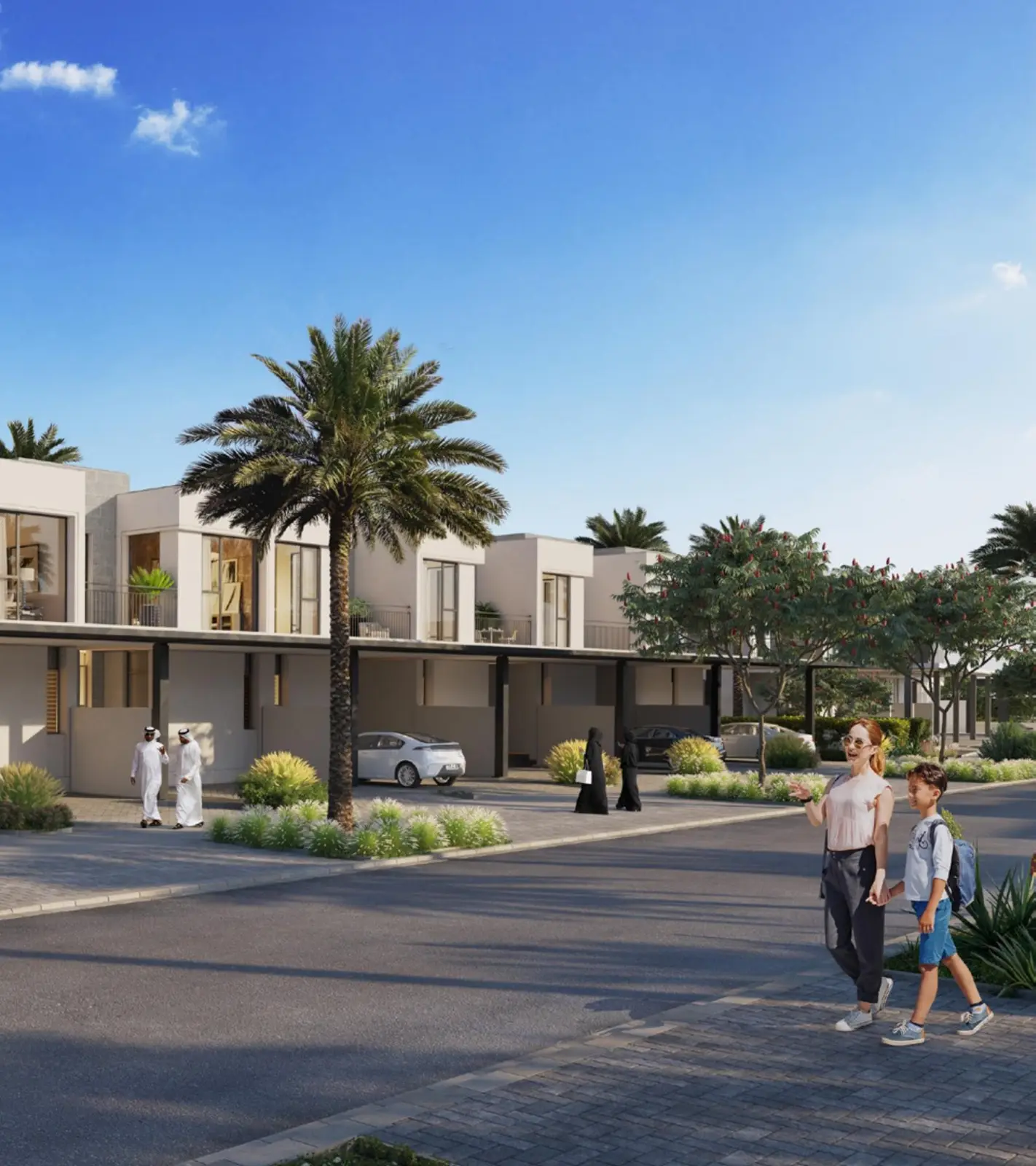 Villa street with family walking, brochure cover