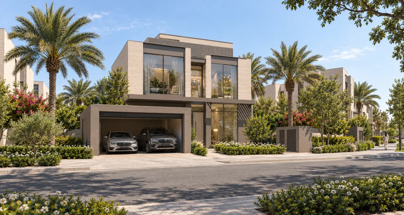 Villa with double garage on a palm-lined street