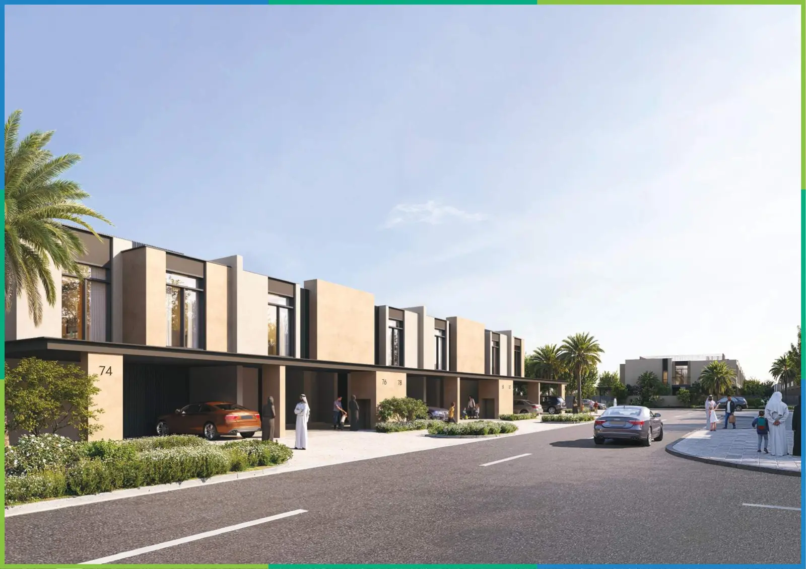 Townhouse street with garages and parked cars