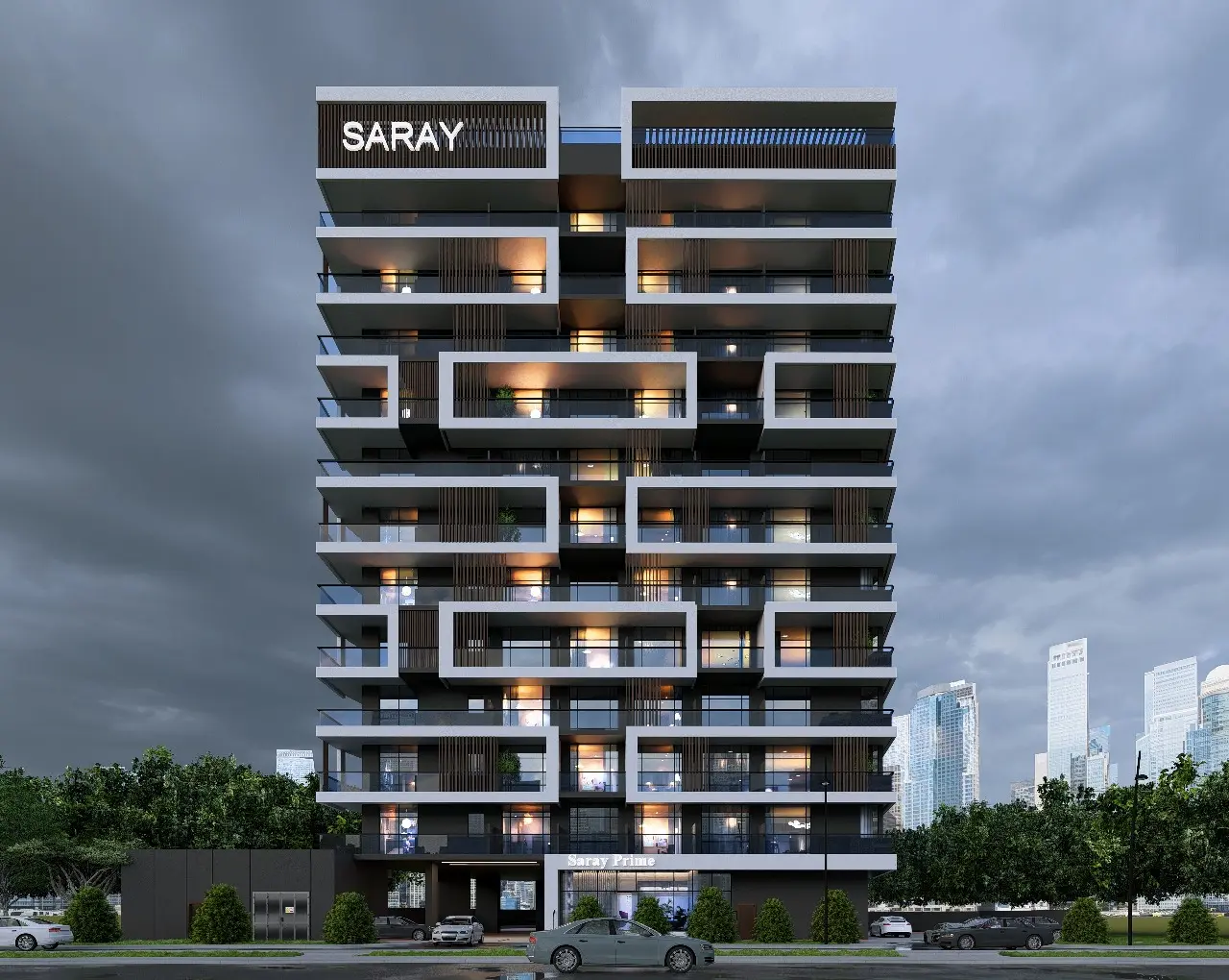 Front view of the Saray residential building with balconies