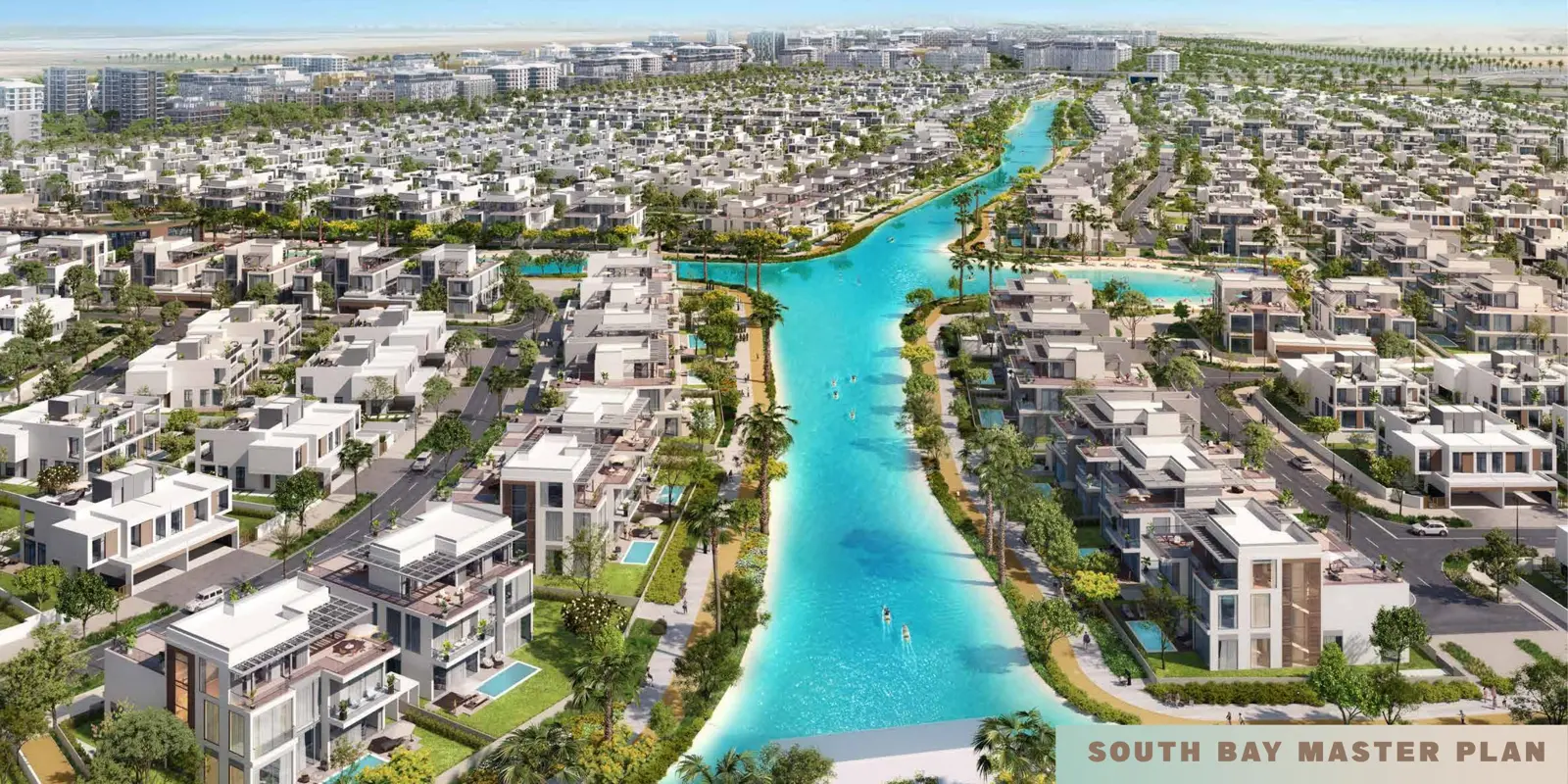 Lagoon lined with villas and palm trees