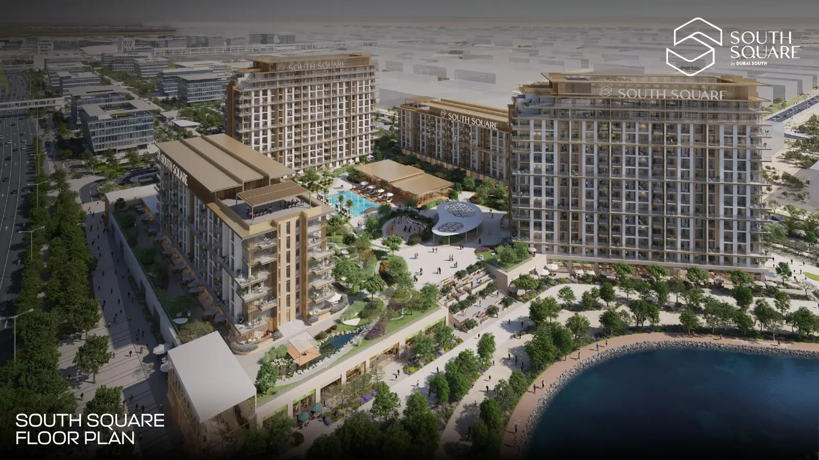 Aerial view of the towers, pool deck and pond