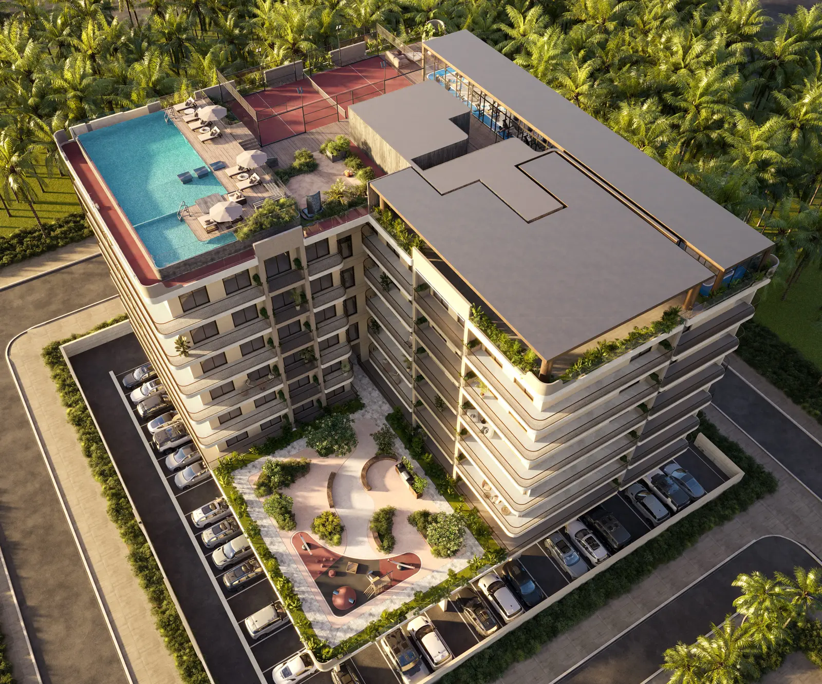Aerial view of the building, rooftop pool and courtyard