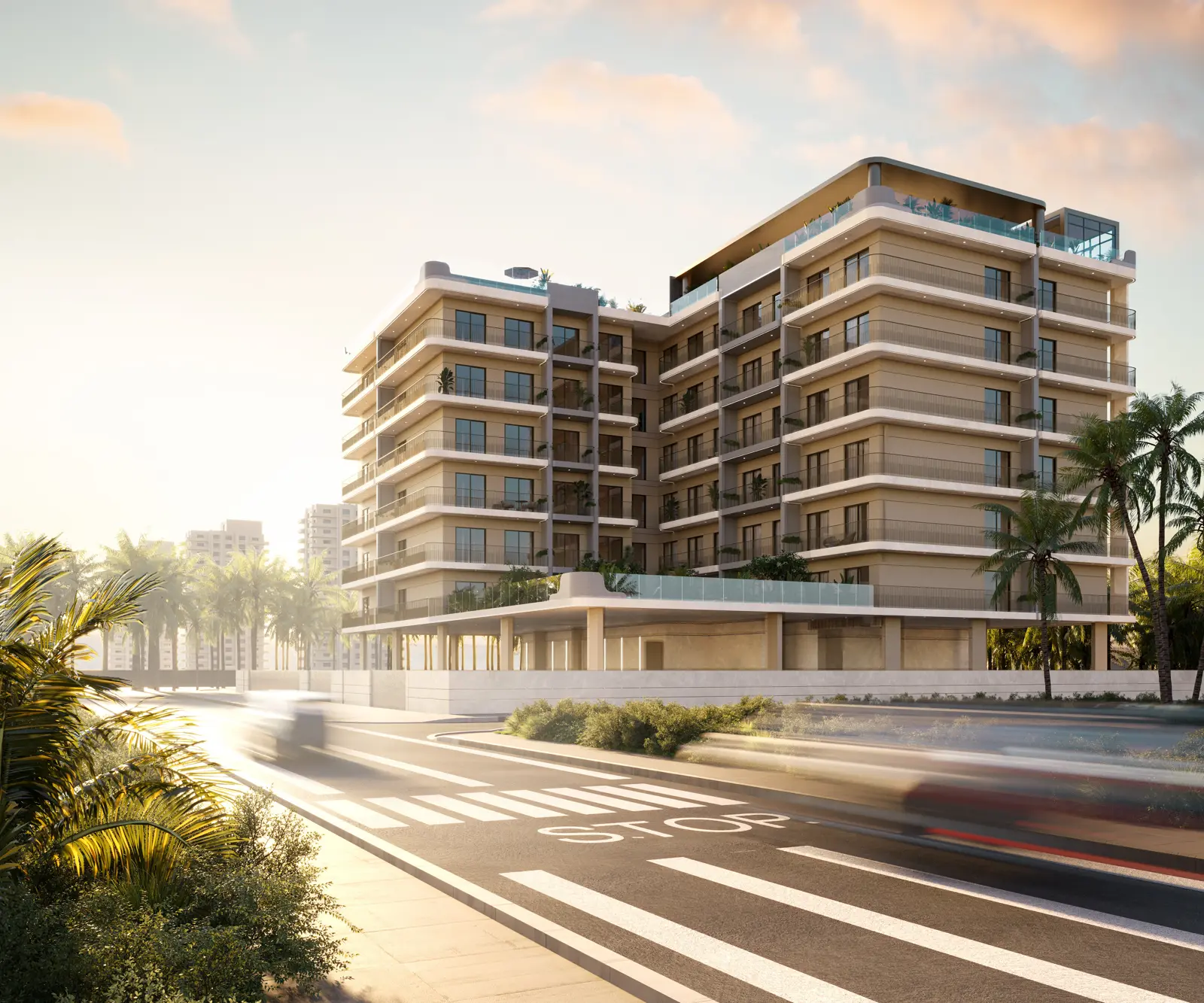 Street-level view of the building at sunset