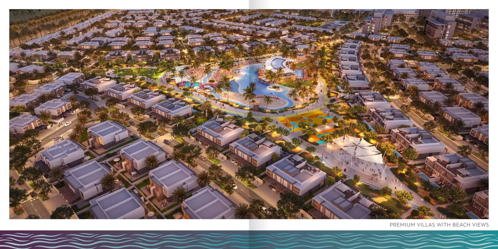 Evening aerial of premium villas near the lagoon